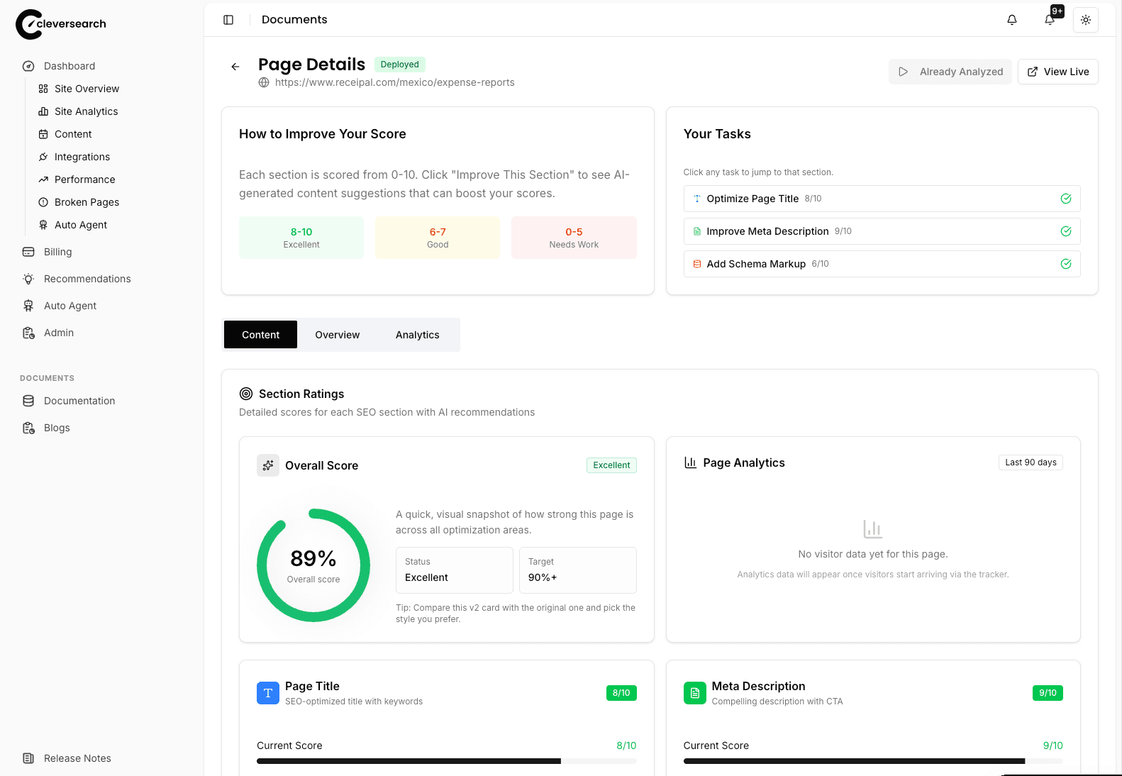 Clever Search page optimization dashboard showing LLM Visibility Score, section ratings, and AI-generated improvement tasks