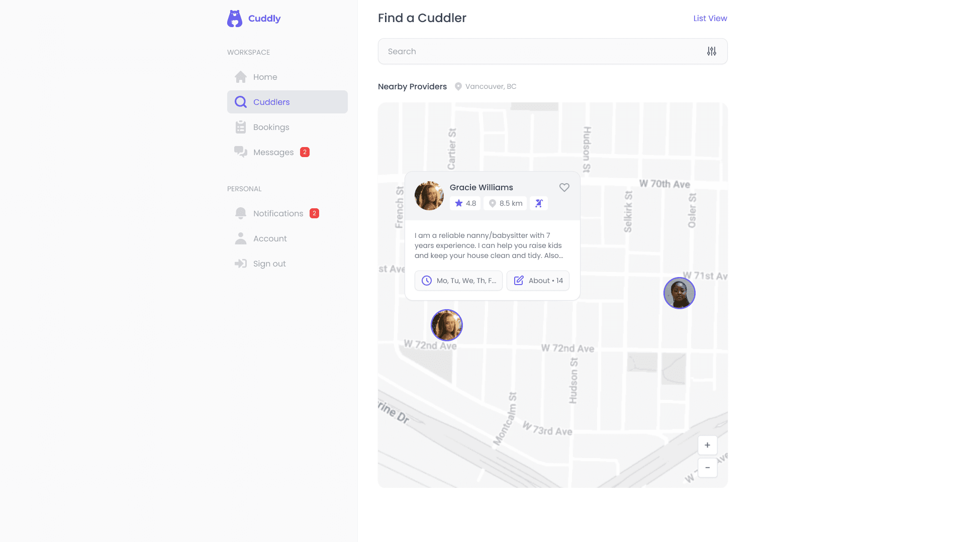 Cuddly map-based caregiver search with proximity filtering and caregiver profiles