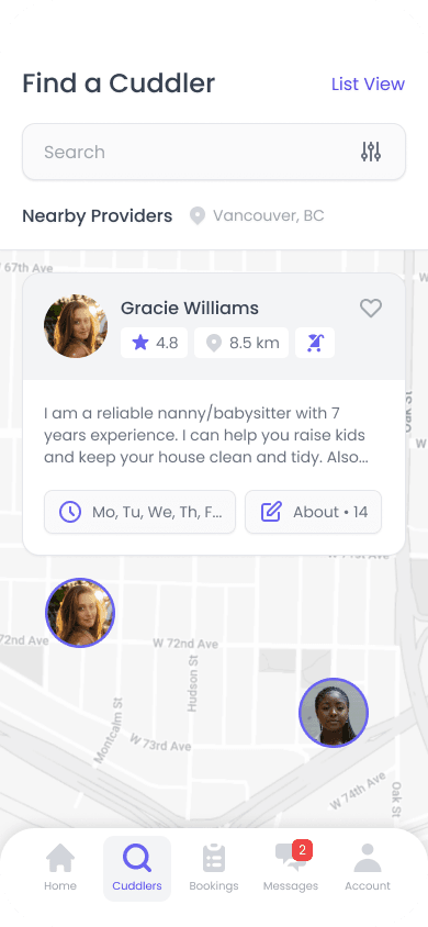 Cuddly mobile map view with nearby caregivers