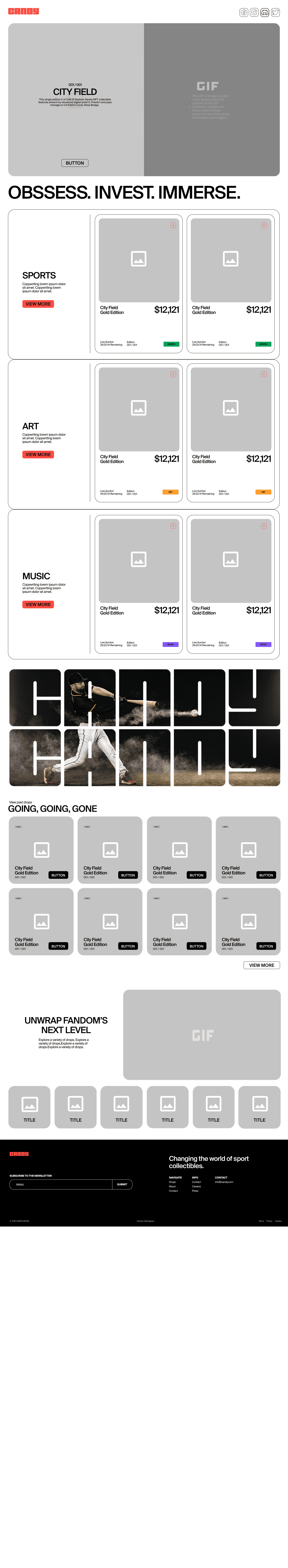 Candy NFT marketplace landing page wireframe with collection categories and featured drops